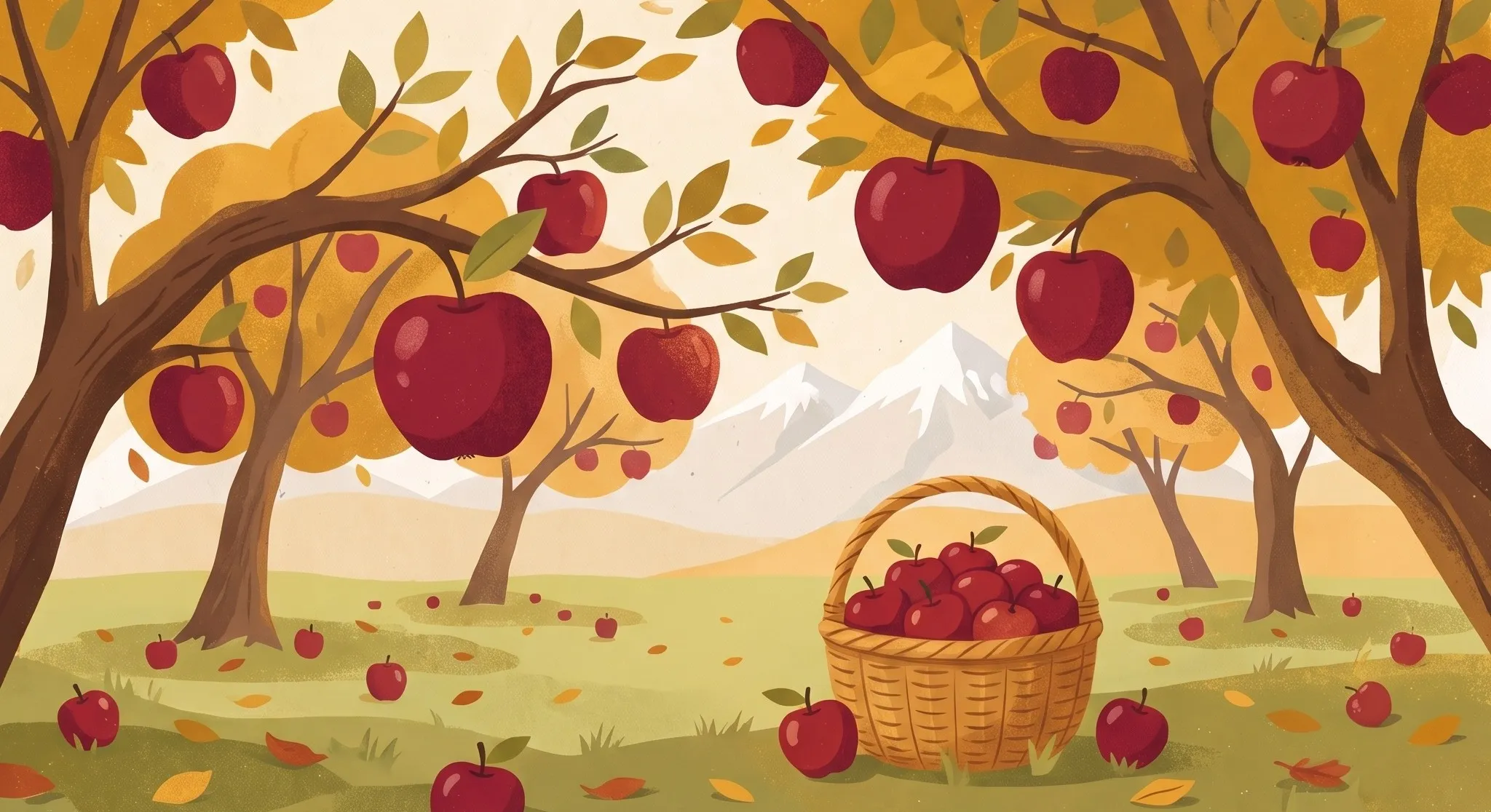 Illustration from the Ripe Aport Apple cream hand soap label: an Aport orchard and a basket of harvested apples