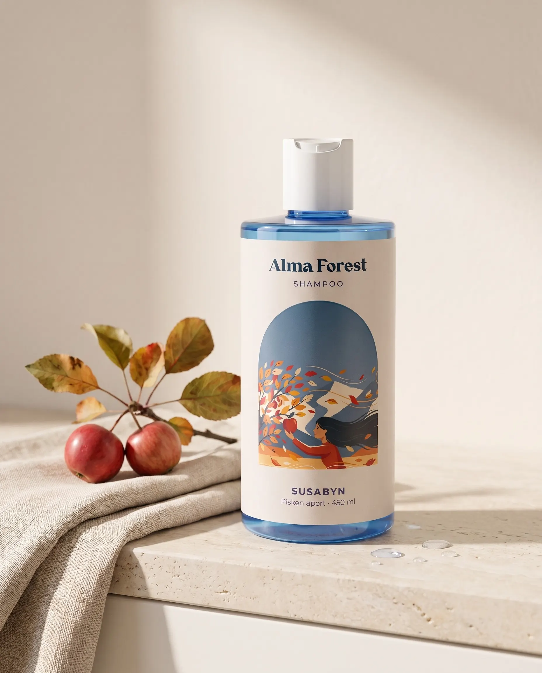 Шампунь Alma Forest «Спелый апорт» на светлой полке рядом с веткой дикой яблони и льняным полотенцем